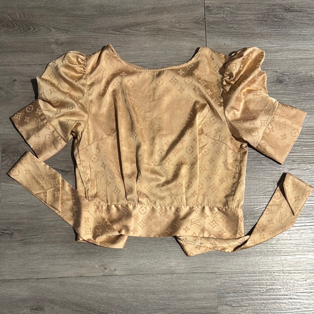 Tan Ruffled Tie Front Puff Sleeve Blouse